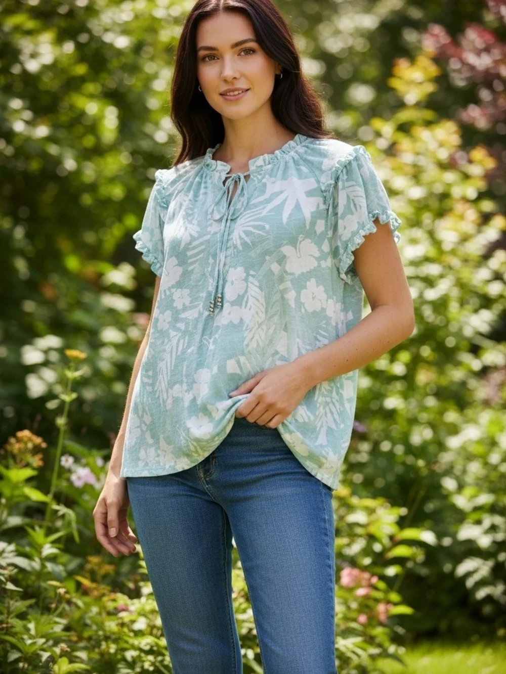 Wonderly Aqua Floral Tie-Front Ruffle Sleeve Tunic